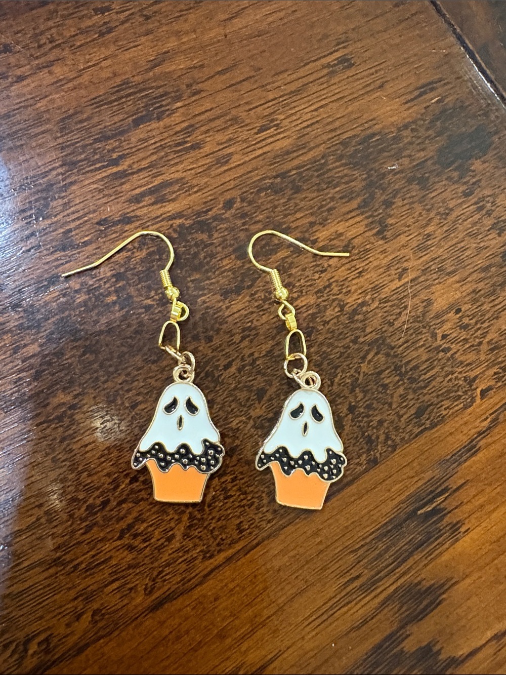 Gold-Tone Halloween Ghost Cupcake Drop Earrings - Orange & White -2 for $20